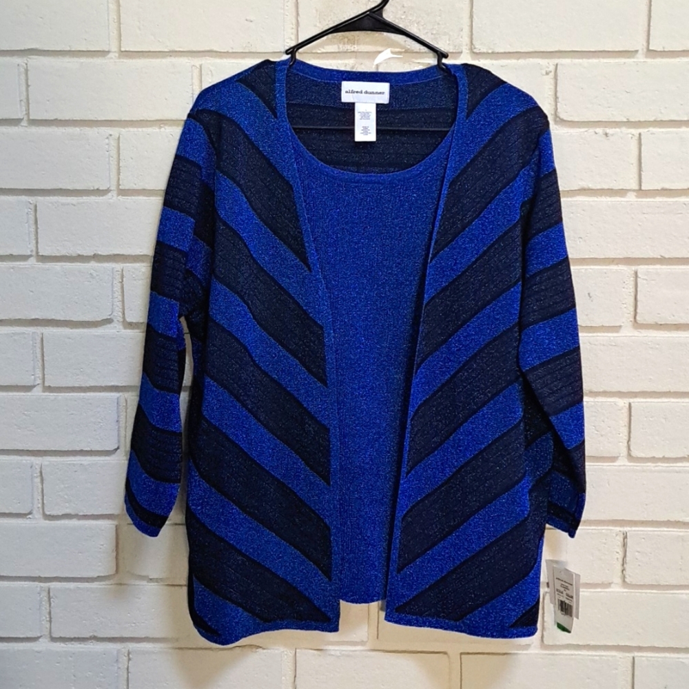 Alfred Dunner Blue/Black Shimmer Built-In Sweater Cardigan.  Size Large NWT